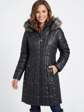 GUESS Los Angeles Black Quilted Down Faux Fur Hooded Parka Coat Puffer Small